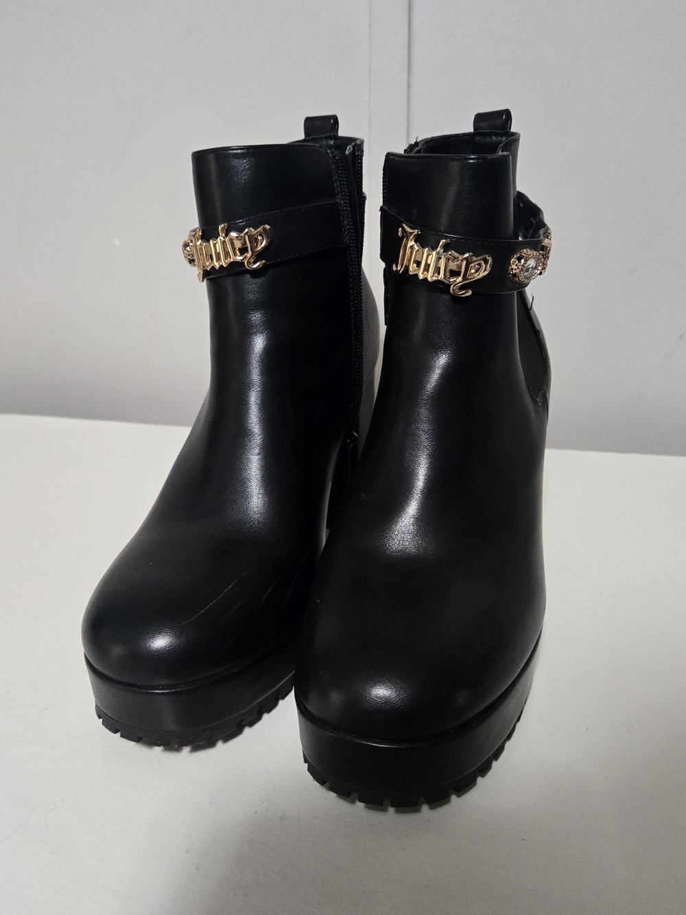 Juicy Couture Black Platform Ankle Boots with Gold Logo Strap